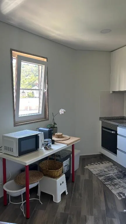 Cozinha com forno, micro-ondas e luz natural